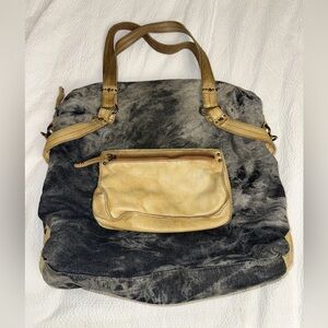 Schuler & Sons ANTHROPOLOGIE Tie Dyed Cotton Blue Canvas & Tan Leather 18" Bag